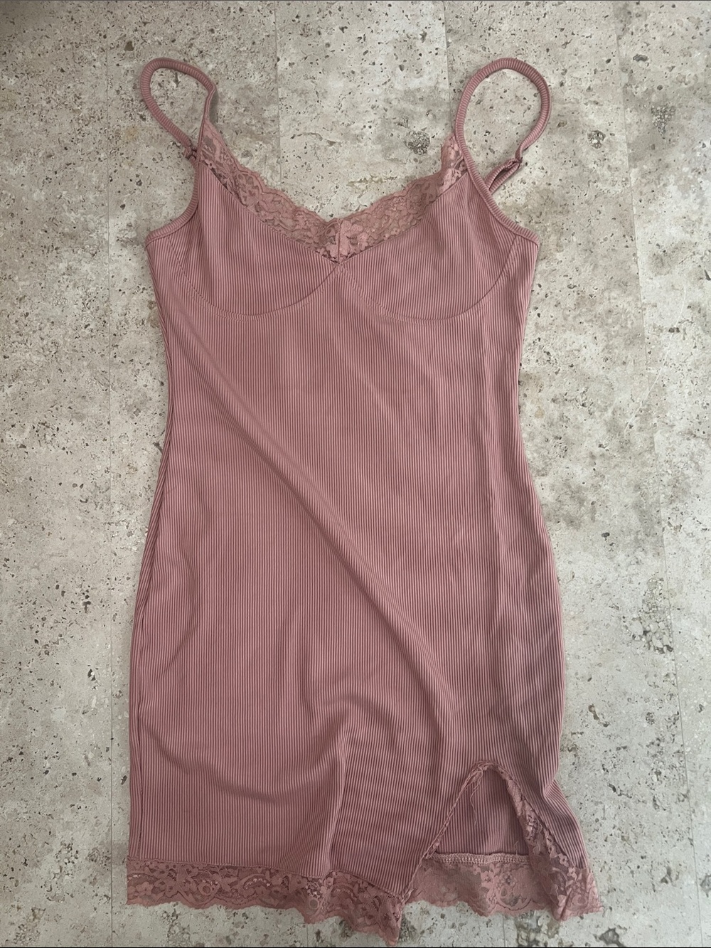 SHEIN Mauve Lace-Trim Ribbed Slip Dress